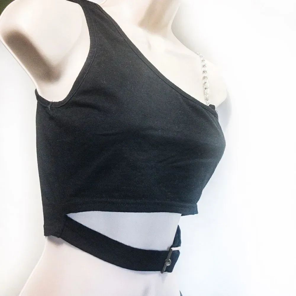 ZAFUL Black One Shoulder Chain Hollowed Out Tank Sz 6 - Picture 3 of 10